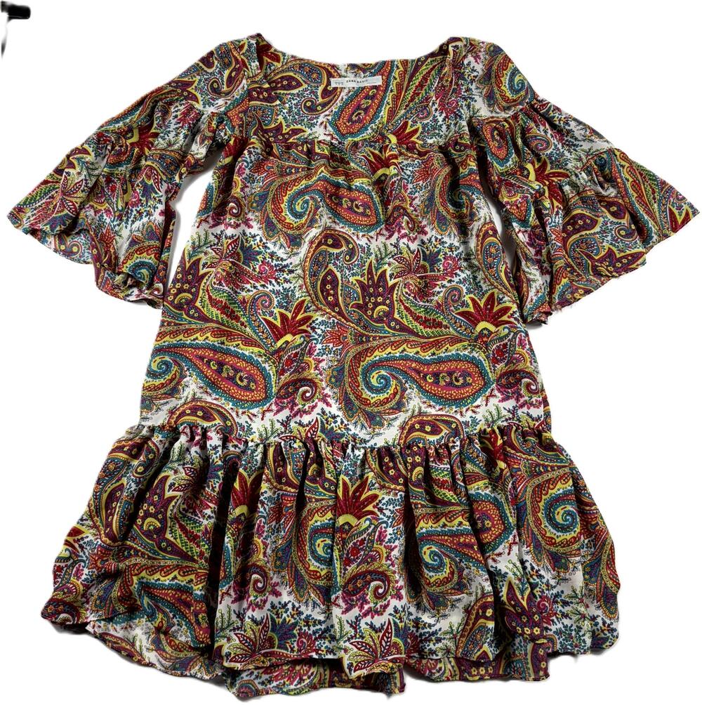 Zara Basic Women’s Multicolor Paisley Ruffle Mini Dress Scoop Neck , size S